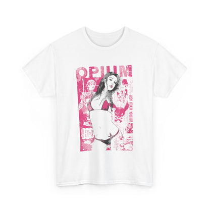 Sophisticated white T-shirt accentuated by a striking 'OPIUM' pinup graphic in chic pink hues, ideal for making a distinctive fashion statement.