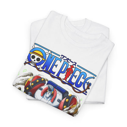 Elegant folded One Piece Franky t-shirt displaying a captivating design featuring the character Franky, making it an ideal gift for fans of stylish streetwear.