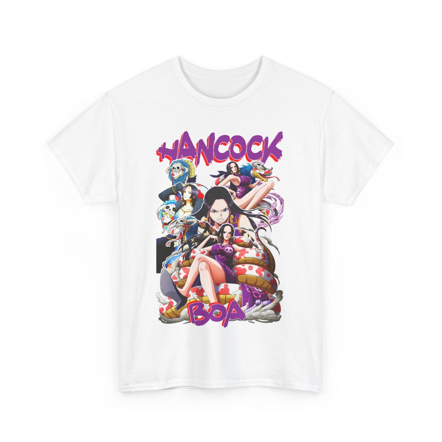 Stunning graphic design of the Boa Hancock T-shirt featuring unique anime artwork, crafted for discerning collectors and fashion enthusiasts eager to wear their fandom with elegance.