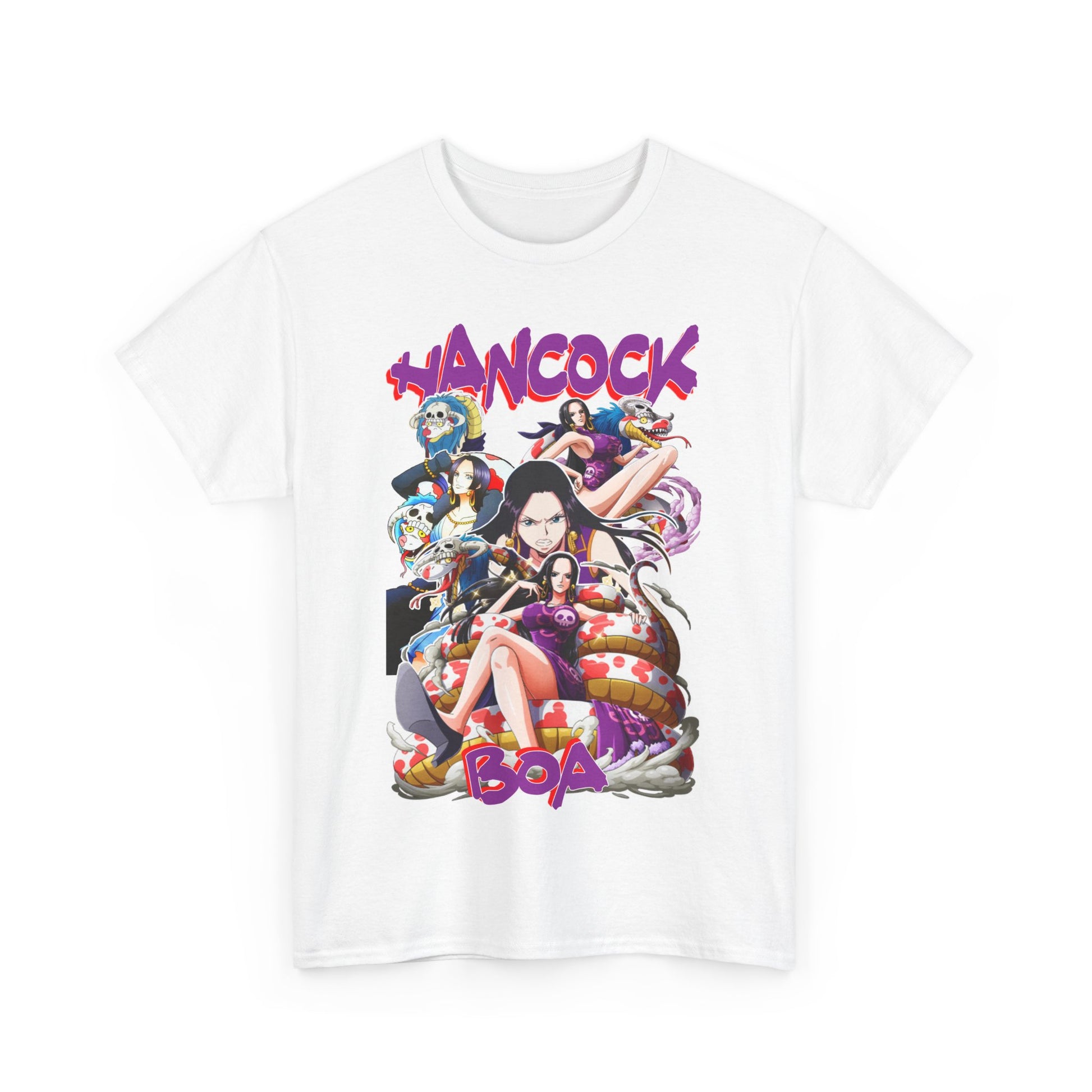 Stunning graphic design of the Boa Hancock T-shirt featuring unique anime artwork, crafted for discerning collectors and fashion enthusiasts eager to wear their fandom with elegance.