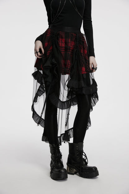 Punk Rave Morrigan High-Low Skirt showcasing bold red plaid fabric against sheer black mesh, epitomising alternative luxury fashion.