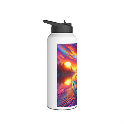 Fantasy Paddleboarding Stainless Steel Water Bottle featuring a vibrant sunset graphic, perfect for hydration during water adventures.