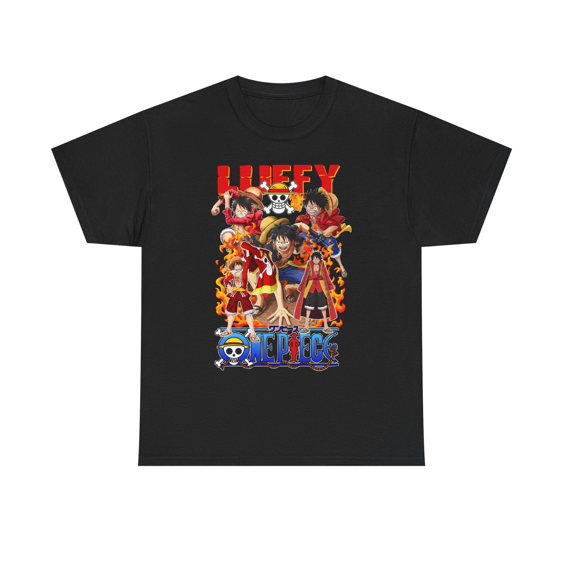 Elegant black men's t-shirt adorned with an action-packed anime graphic showcasing beloved characters, ideal for fashionable fans of animated adventures.