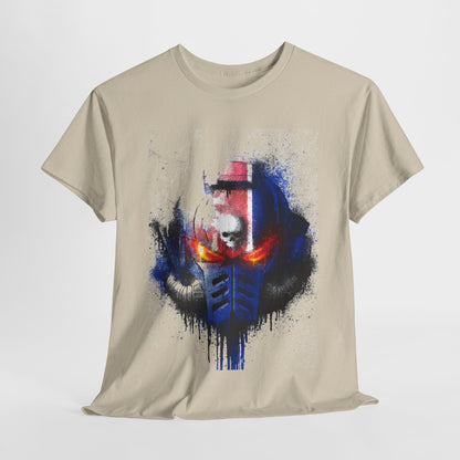 Premium unisex graphic t-shirt featuring an artistic representation of a helmet with vibrant red eyes, set against a blend of grey, silver, and black splatter design, perfect for urban streetwear.