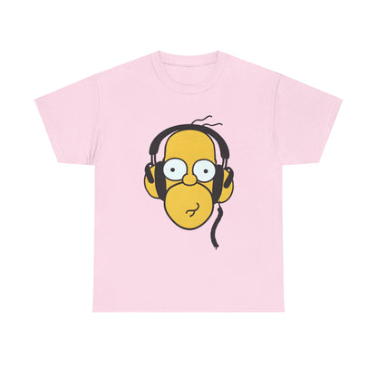 Hear the Hilarity Homer Simpson Headphones Unisex Cotton Tee Graphic T Shirt in soft pink, featuring a creative illustration of Homer Simpson with headphones, a delightful statement piece for casual outings.