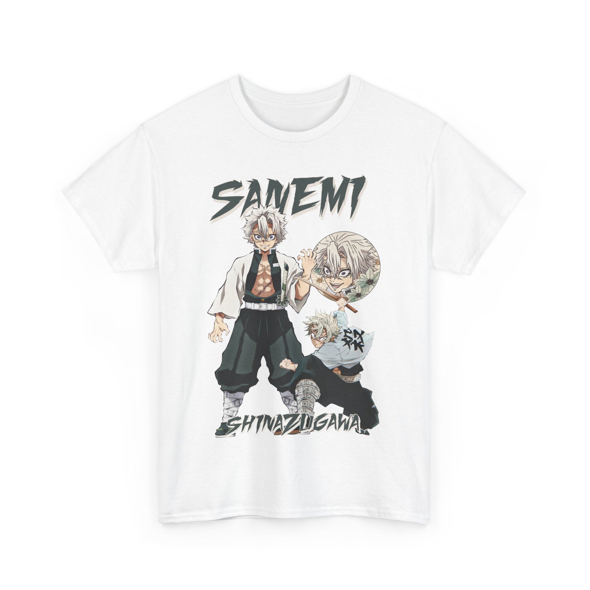 Sophisticated Sanemi Shinazugawa T-shirt in white, featuring vibrant artwork and bold typography for a striking anime-inspired look.