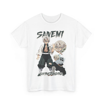 Sophisticated Sanemi Shinazugawa T-shirt in white, featuring vibrant artwork and bold typography for a striking anime-inspired look.
