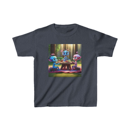 Kids Adorable Cute Aliens Heavy Cotton Tee showcasing charming alien friends enjoying a meal together, designed for stylish young explorers.