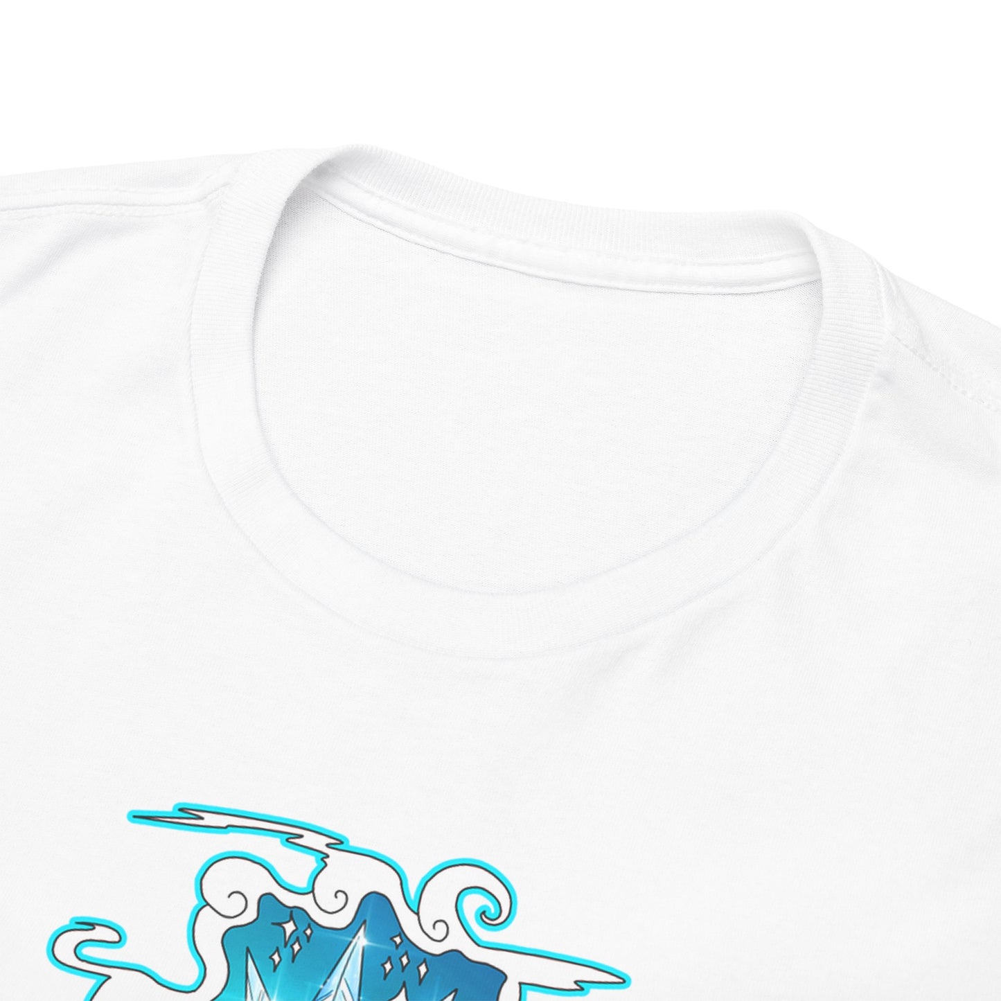 Close-up of a luxurious white t-shirt collar illustrating intricate marine anime artwork, highlighting quality craftsmanship and artistic allure.