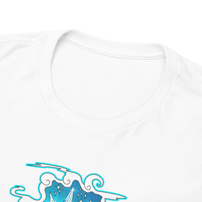 Close-up of a luxurious white t-shirt collar illustrating intricate marine anime artwork, highlighting quality craftsmanship and artistic allure.