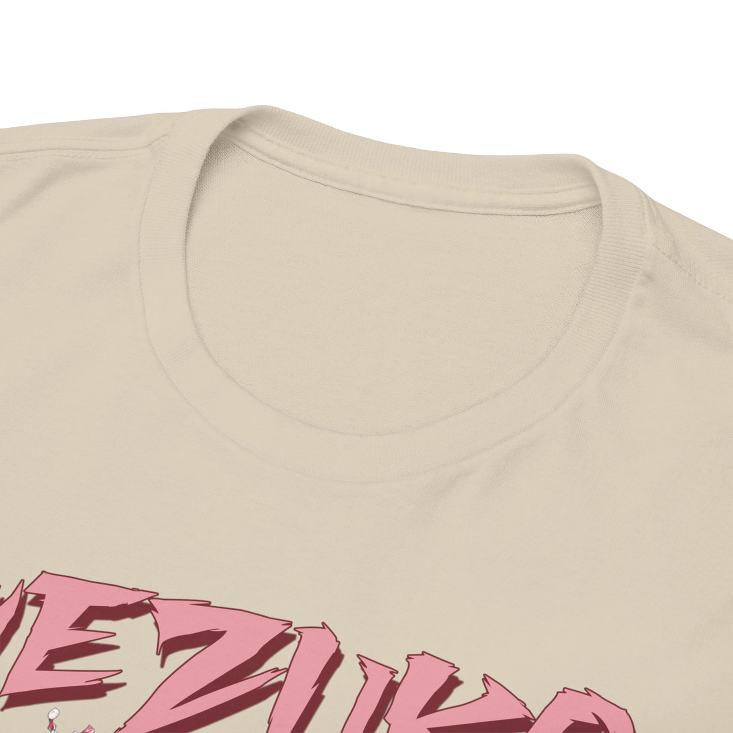 Close-up shot of the Nezuko Kamado T-shirt neckline, featuring premium fabric and striking pink graphics, epitomising luxury and comfort for anime fans.