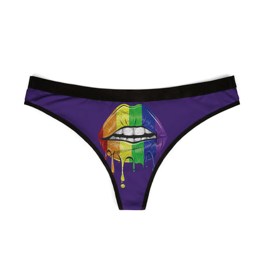 Elegant women's thong showcasing striking rainbow lipstick illustration, ideal for adding a cheeky touch to intimate moments.