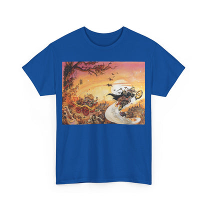 Front view of the blue Discworld Soul Music Graphic Unisex T-Shirt featuring a stunning illustration from Terry Pratchett’s 'Soul Music', ideal for fans of literary-inspired fashion.