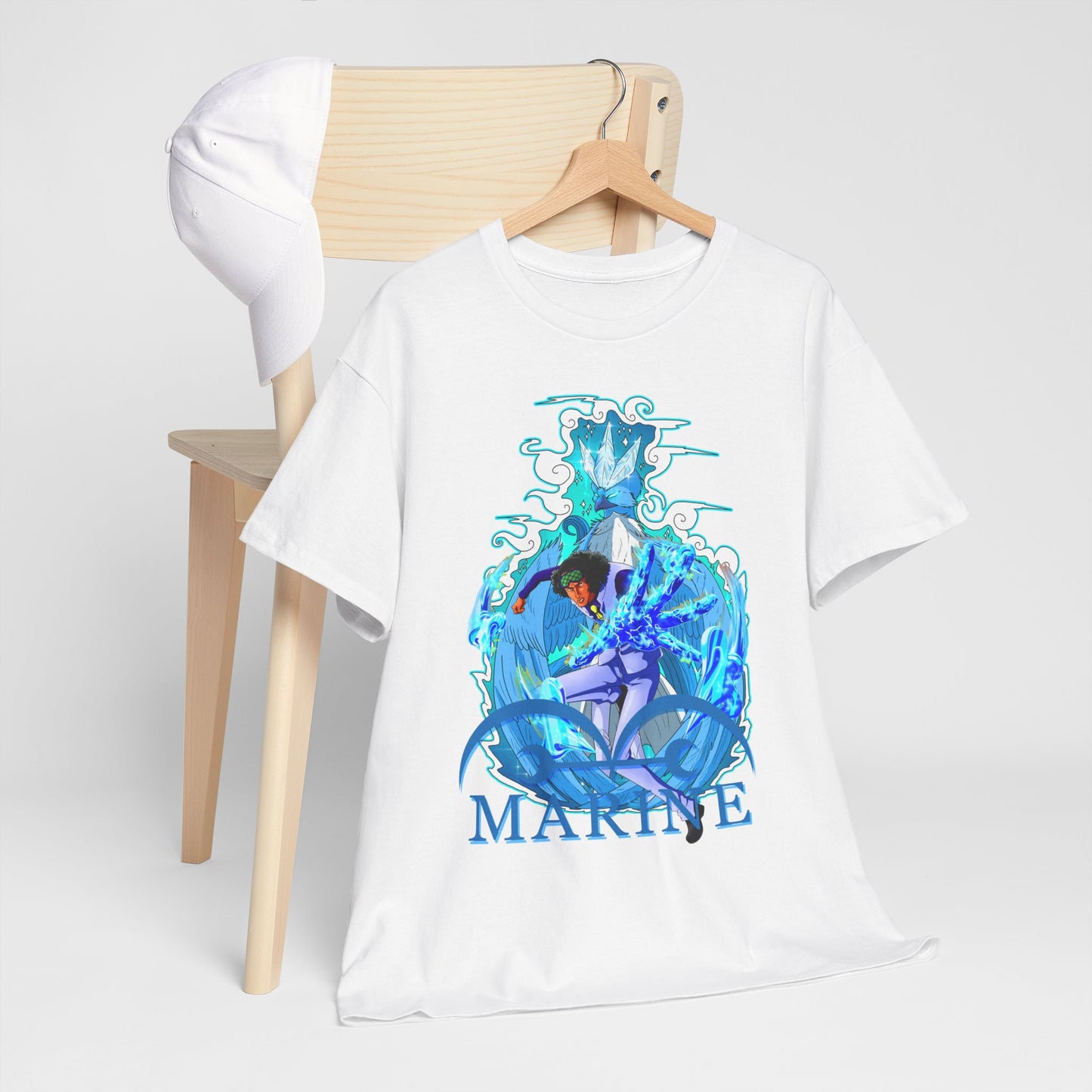 Chic white t-shirt casually placed on a chair, showcasing a stunning marine anime print, ideal for making a bold fashion statement.