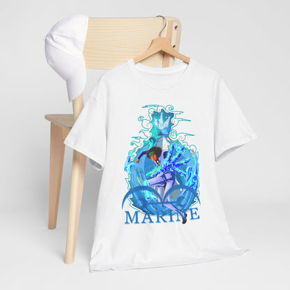 Chic white t-shirt casually placed on a chair, showcasing a stunning marine anime print, ideal for making a bold fashion statement.