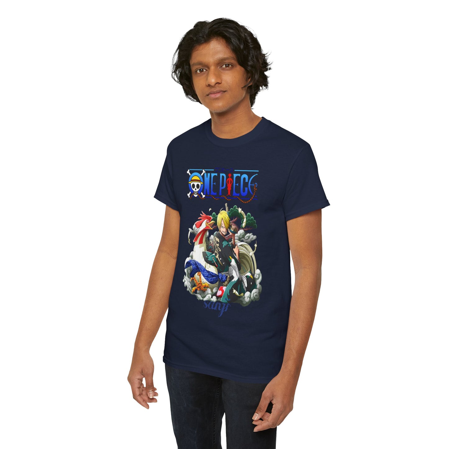 Luxurious men's t-shirt featuring a vibrant Sanji design from One Piece, showcasing intricate anime artwork with bold colours and detailed imagery, perfect for anime enthusiasts.