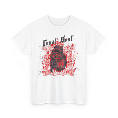 Stylishly crafted white men's t-shirt front view featuring a captivating anatomical heart illustration with dramatic red splashes and elegant gothic typography, embodying artful sophistication.