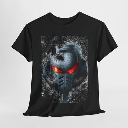 Luxury black graphic t-shirt featuring an intricate design of a metallic helmet with glowing red eyes, showcasing a blend of urban style and futuristic flair.