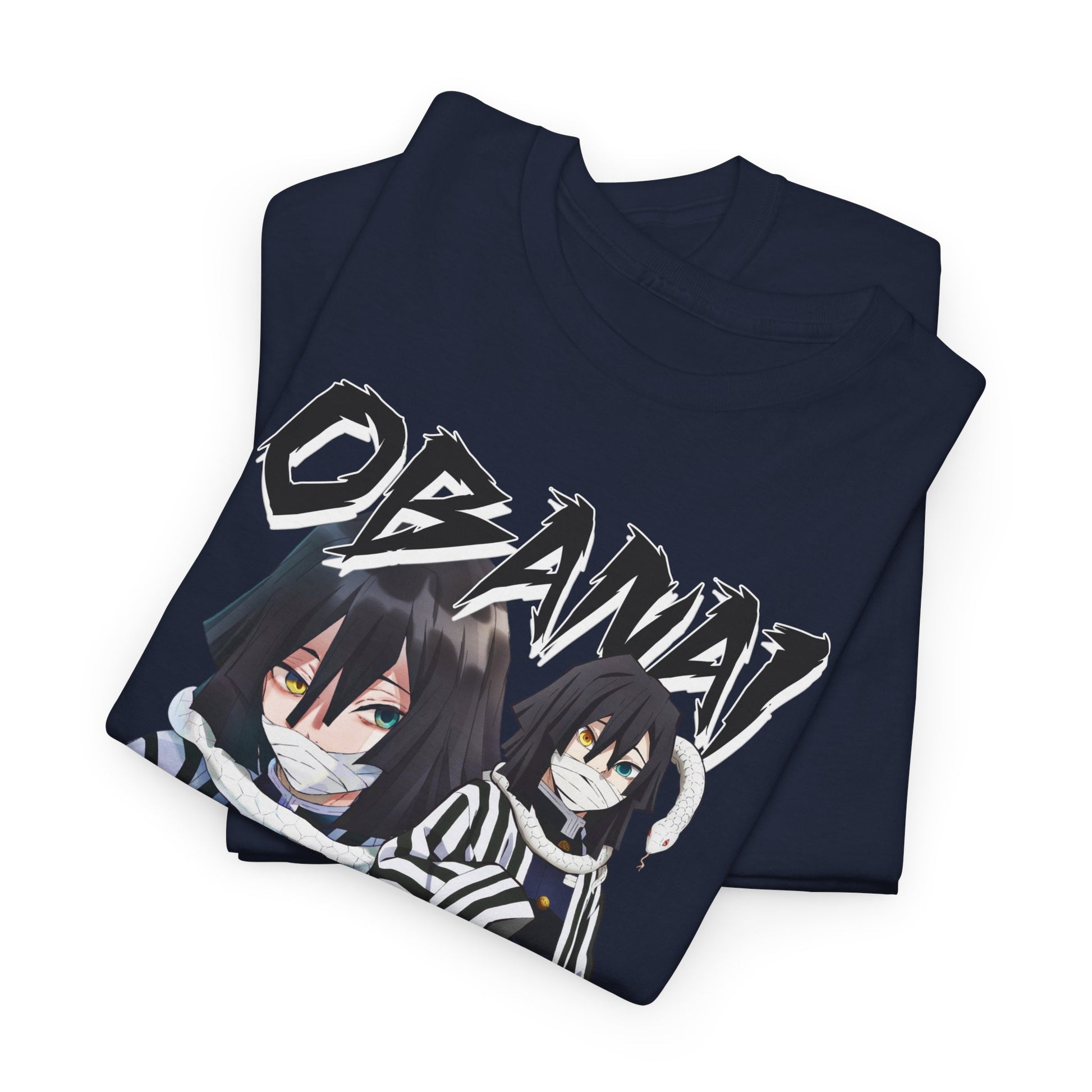 Luxurious folded Obanai Iguro T-shirts displaying detailed anime graphics, perfect for collectors seeking quality and style in their wardrobe choices.