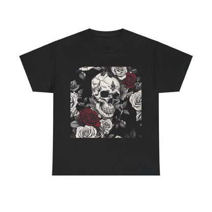 Skulls and Roses Cotton Tee in classic black, showcasing a captivating skull art nestled among roses, a must-have for alternative fashion lovers.