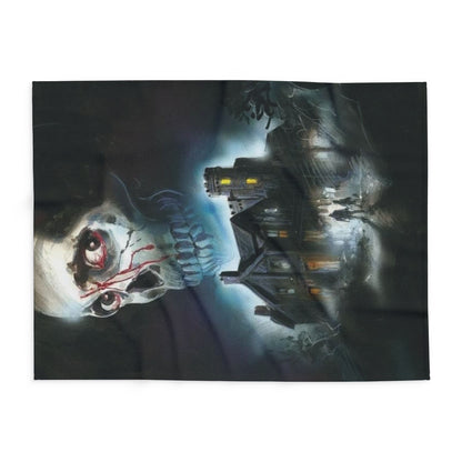 Artful display of the Decorative and Warm Halloween Spooky Arctic Fleece Blanket featuring intricate spooky designs, ideal for Halloween-themed interiors.