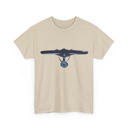 Front view of the USS Enterprise Star Trek Graphic Unisex T Shirt Tee in beige, featuring a prominent design of the starship for the discerning fan.