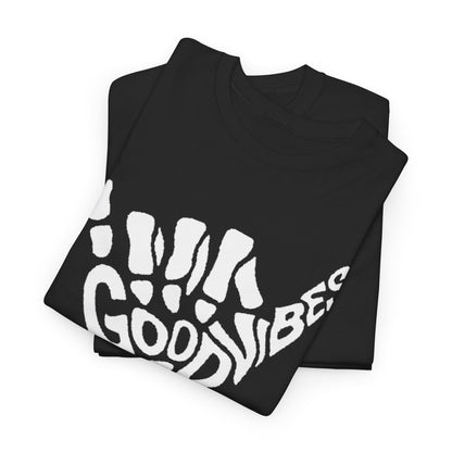 Two black t-shirts elegantly stacked, showcasing the unique 'Good Vibes' skeletal hand gesture print, perfect for a casual chic look.