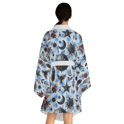 Floral Kimono Robe, Women's Robe, Designer Lounge Wear displayed from the back, illustrating its beautiful floral design and soft flowing fabric.