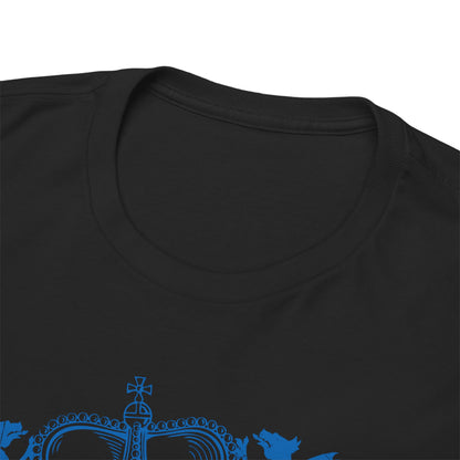 Close-up of the collar and neckline of a luxurious black t-shirt featuring intricate blue gothic design elements.
