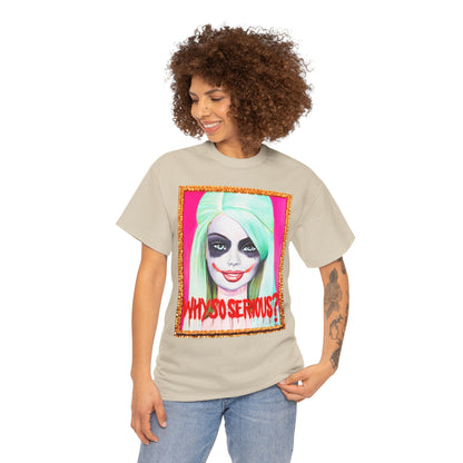 Elegant women's t-shirt highlighting a bold pop art design of Joker Barbie with 'Why So Serious?' in vivid colours, suitable for standout fashion moments.