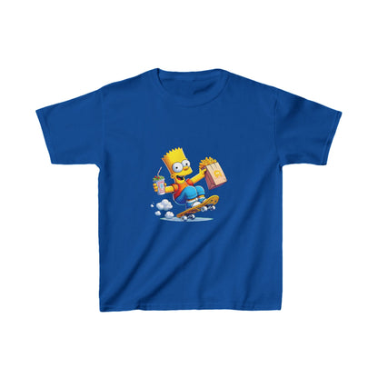 Unisex Kids Bart Simpson Cotton T Shirt Tee in blue featuring Bart skating with a drink and fries, perfect for stylish young fans.