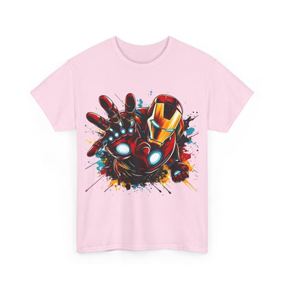 Unleash Your Inner Hero: Iron Man Graphic Unisex Graphic Tee Shirt in pink, featuring a striking depiction of Iron Man with energetic colours and an artistic flair.