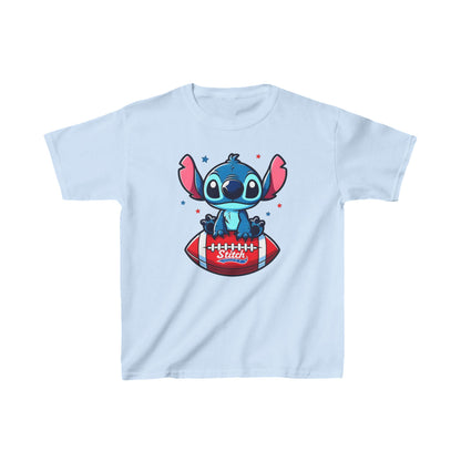 Unisex Kids Stitch Cotton T-Shirt Tee in light blue, featuring a captivating Stitch graphic on a football, ideal for expressing individuality and charm.