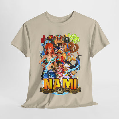 Luxurious men's t-shirt featuring a vibrant and intricate Nami graphic from One Piece, showcasing bold colors and detailed anime artwork.