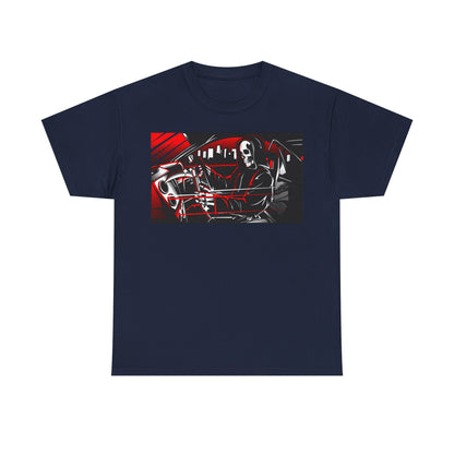 Sophisticated navy men's t-shirt featuring a gripping dark hooded scythe artwork against a stylish red and black backdrop, perfect for an edgy and modern aesthetic.