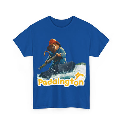 Front view of the Paddington Bear in Peru Graphic Unisex T-Shirt in blue, featuring a stunning graphic of Paddington Bear on an adventure with bold lettering, merging art and fashion.