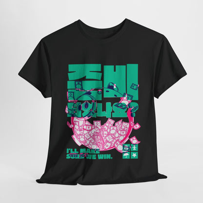 Luxury black unisex t-shirt featuring a vibrant Squid Game inspired graphic design, showcasing playful dollar bills and bold text that reads 'I'll make sure we win'.