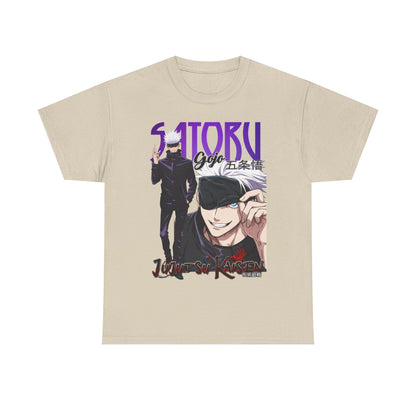 Elegant cream-coloured T-shirt with a striking graphic of Gojo Satoru from Jujutsu Kaisen, perfect for stylish casual wear.