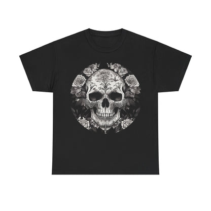 Skulls and Roses Cotton Tee in black, showcasing an elegant skull intertwined with intricate roses, ideal for those seeking a statement piece in alternative fashion.