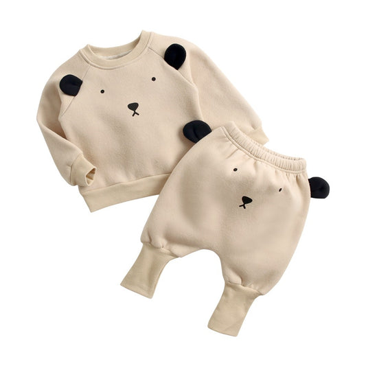 Luxurious Baby Plus Velvet Sweater Suit in Cotton - Soft and Stylish Infant Attire showcasing a cream bear-themed outfit with playful ear details.