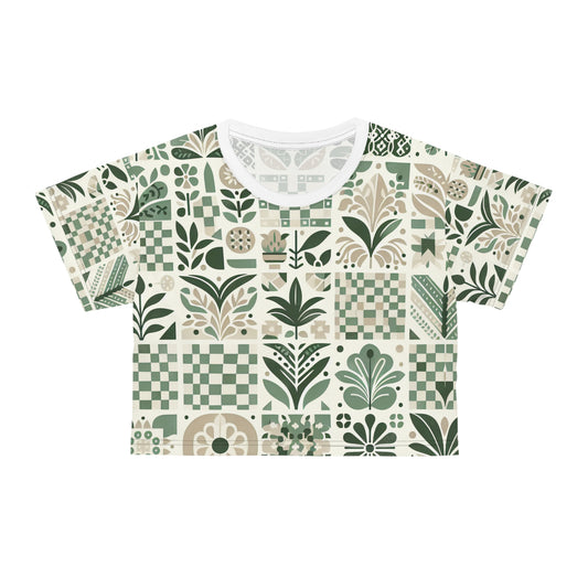 Evelyn Atelier Silky Soft Crop Top featuring contemporary checkerboard and organic shape designs in a serene pale green palette, elegantly stylized for summer fashion.