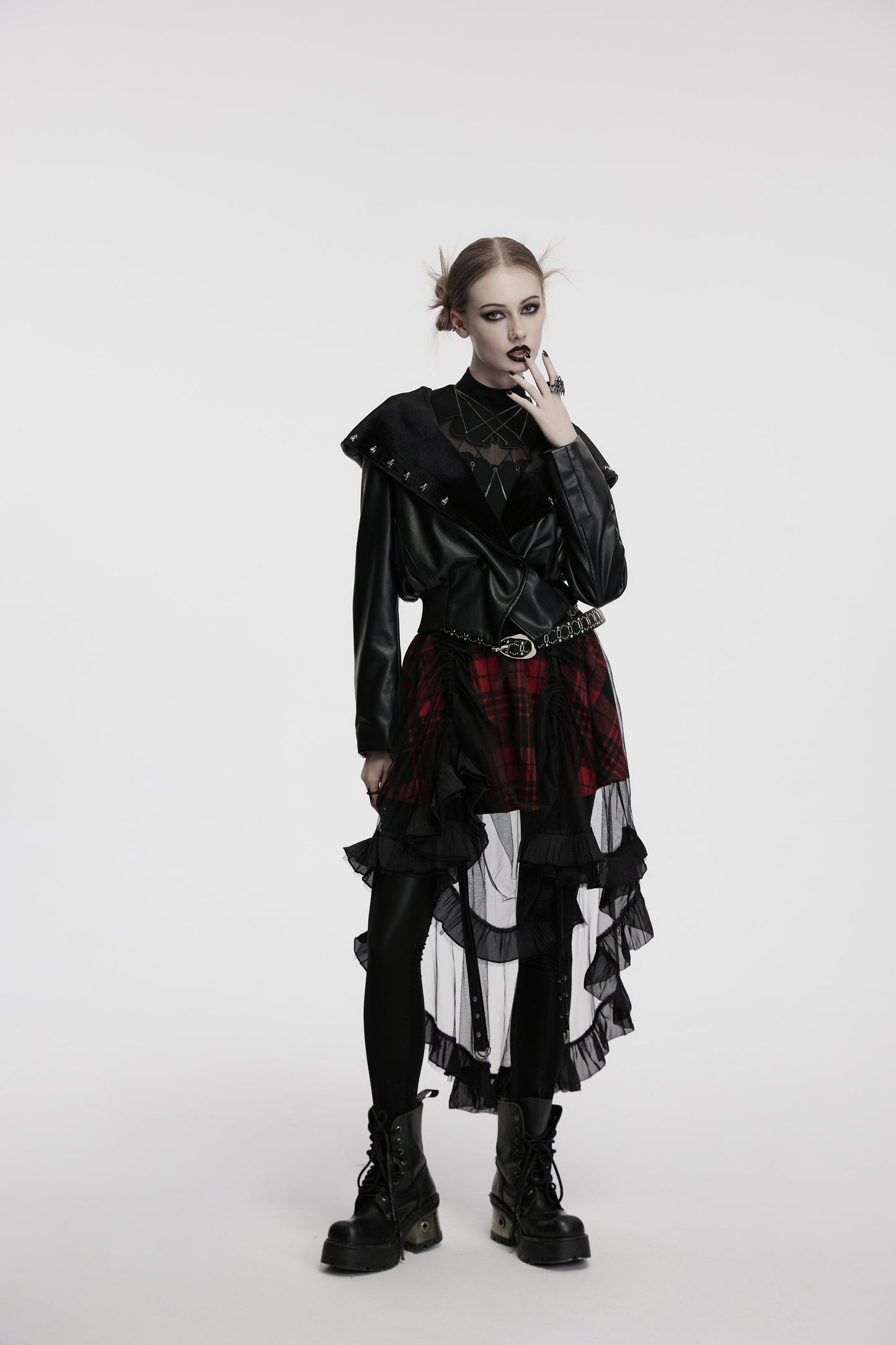 Punk Rave Nyx Hooded Faux Leather Jacket showcasing its striking oversized hood adorned with skull studs, perfect for gothic and alternative fashion.