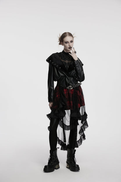 Punk Rave Nyx Hooded Faux Leather Jacket showcasing its striking oversized hood adorned with skull studs, perfect for gothic and alternative fashion.