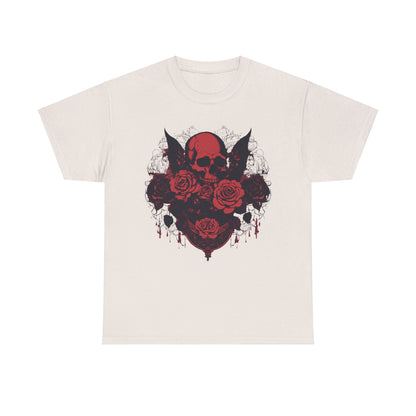 The Skulls and Roses Cotton Tee displayed in cream, featuring a striking graphic design perfect for alternative fashion lovers embracing luxury style.