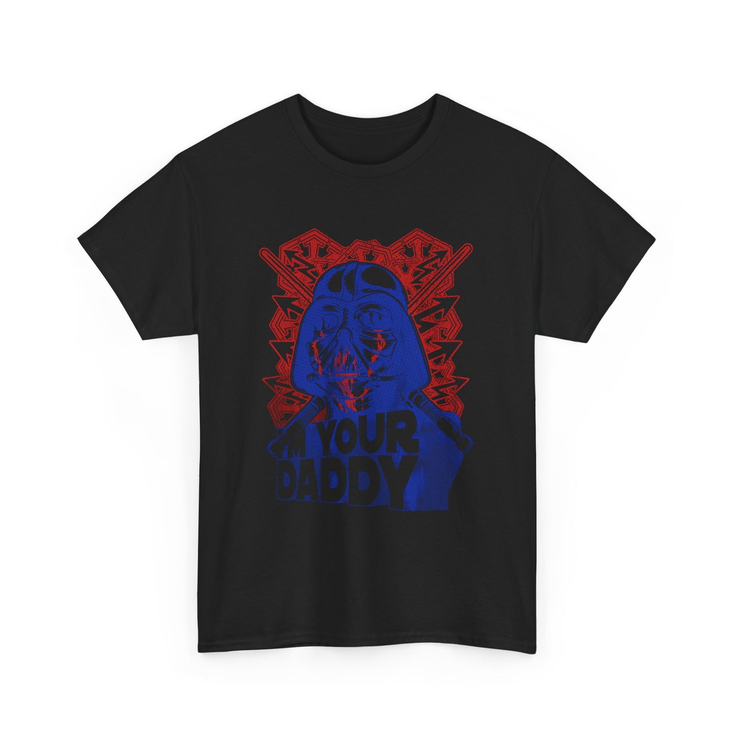 Luxurious comic-style t-shirt featuring a bold Darth Vader graphic, intricately designed with a striking blue and red colour scheme and the humorous phrase 'I'M YOUR DADDY' set against a vibrant background, ideal for fashionable men.