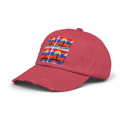 Side view of the Unisex Distressed Paddleboarders Cap in pink, featuring a playful paddleboarding design, a luxurious accessory for water lovers.