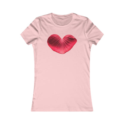 Elegant pink women's t-shirt featuring a whimsical heart-shaped leaf graphic, perfect for adding a touch of playful sophistication to any outfit.