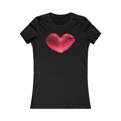 Elegant black women's graphic tee featuring a vibrant heart-shaped leaf design, embodying style and whimsy for a chic outfit.