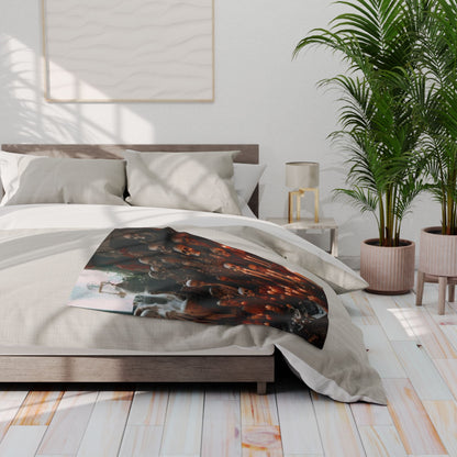 Luxurious Decorative and Warm Halloween Spooky Arctic Fleece Blanket displayed elegantly on a bed, enhancing cozy home decor for Halloween.