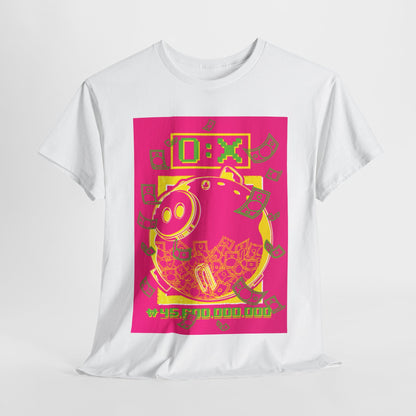 Luxurious Squid Game-inspired unisex graphic cotton t-shirt featuring vibrant pink and yellow design with a playful piggy bank motif and a bold #45,000,000 text, perfect for street fashion enthusiasts.